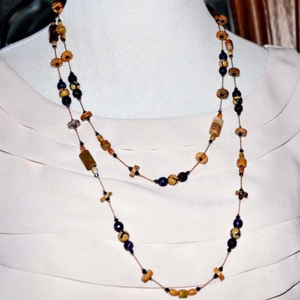 Handmade Handknotted Navy Blue & Tan Agate Double Strand Beaded Necklace 52 Inch